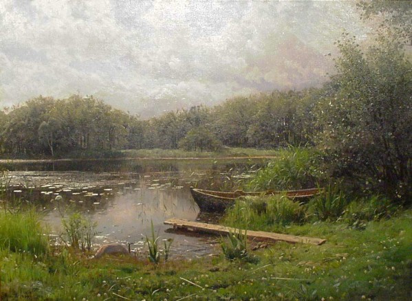 Small boat on pond near a dock by Peter Mork Monsted